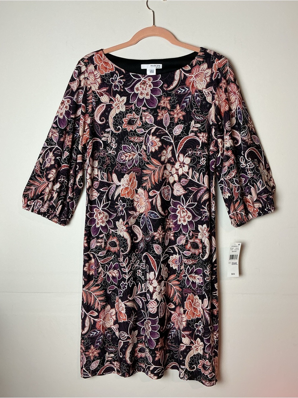 NWT Studio One Floral Shift Dress 3/4 Sleeve Knee Length Size S